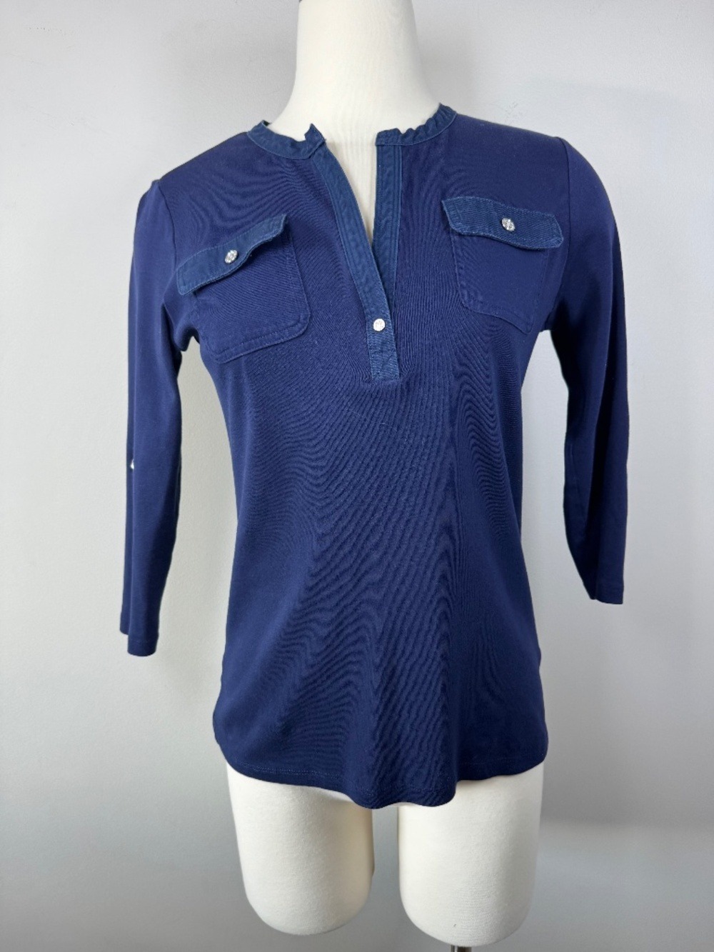 Ralph Lauren Navy Blue Three-Quarter Sleeve Henley Blouse  Medium